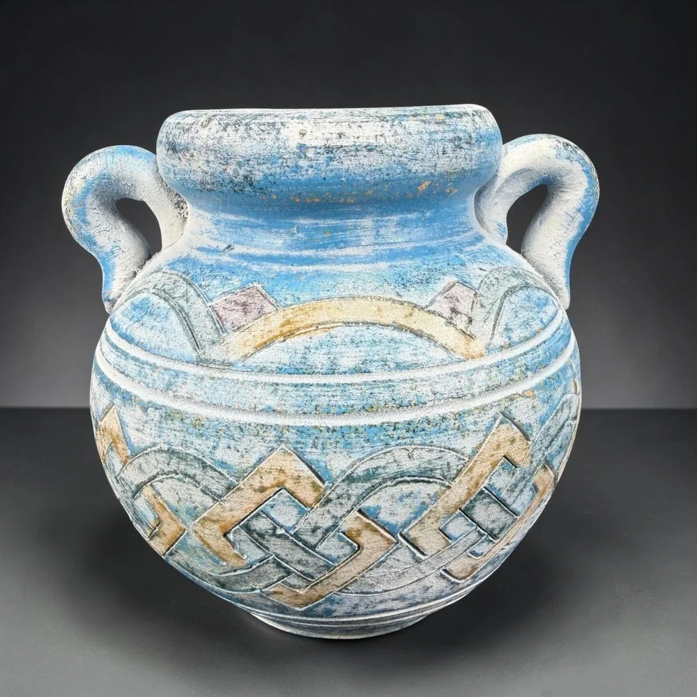 Andalusia Spain Studio Pottery Vase Blue White Geometric Carved 6in Handle VTG